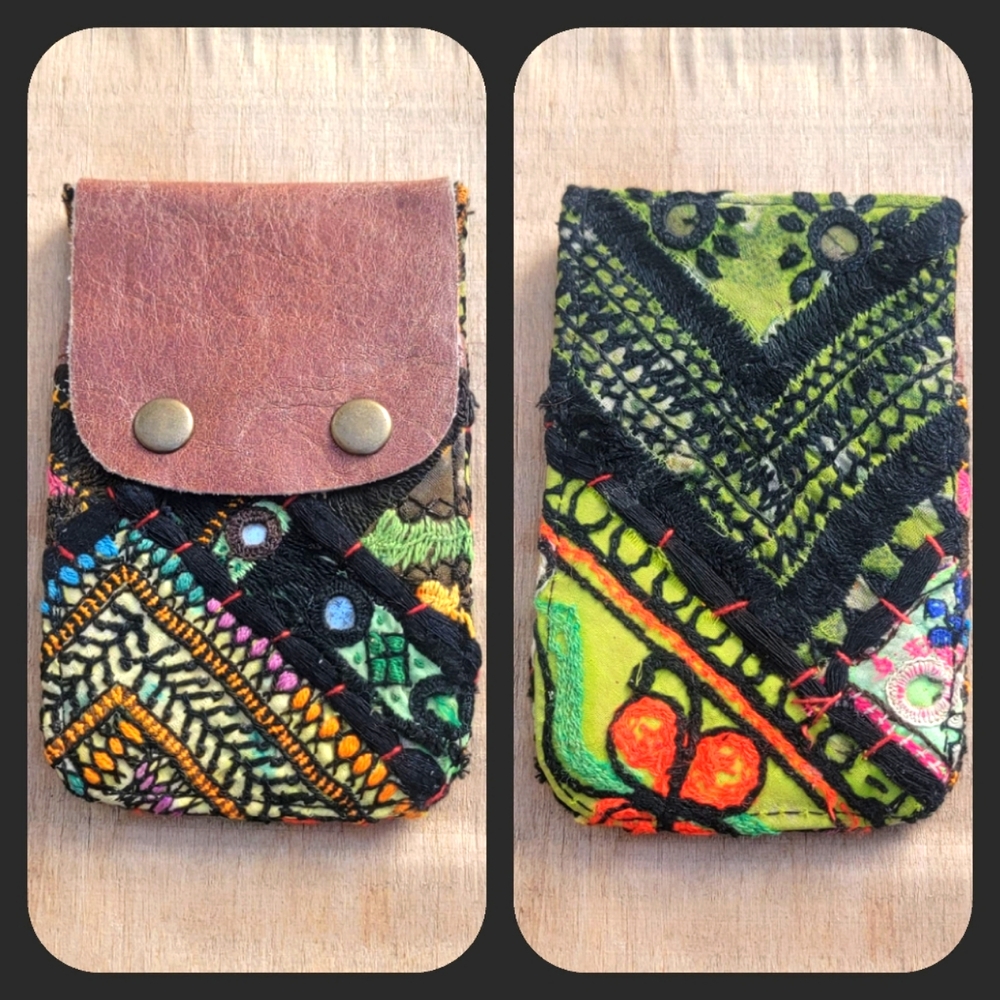 🥂🕺 Free People Boho Embroidered Repurposed vtg banjara hippie Wallet card case